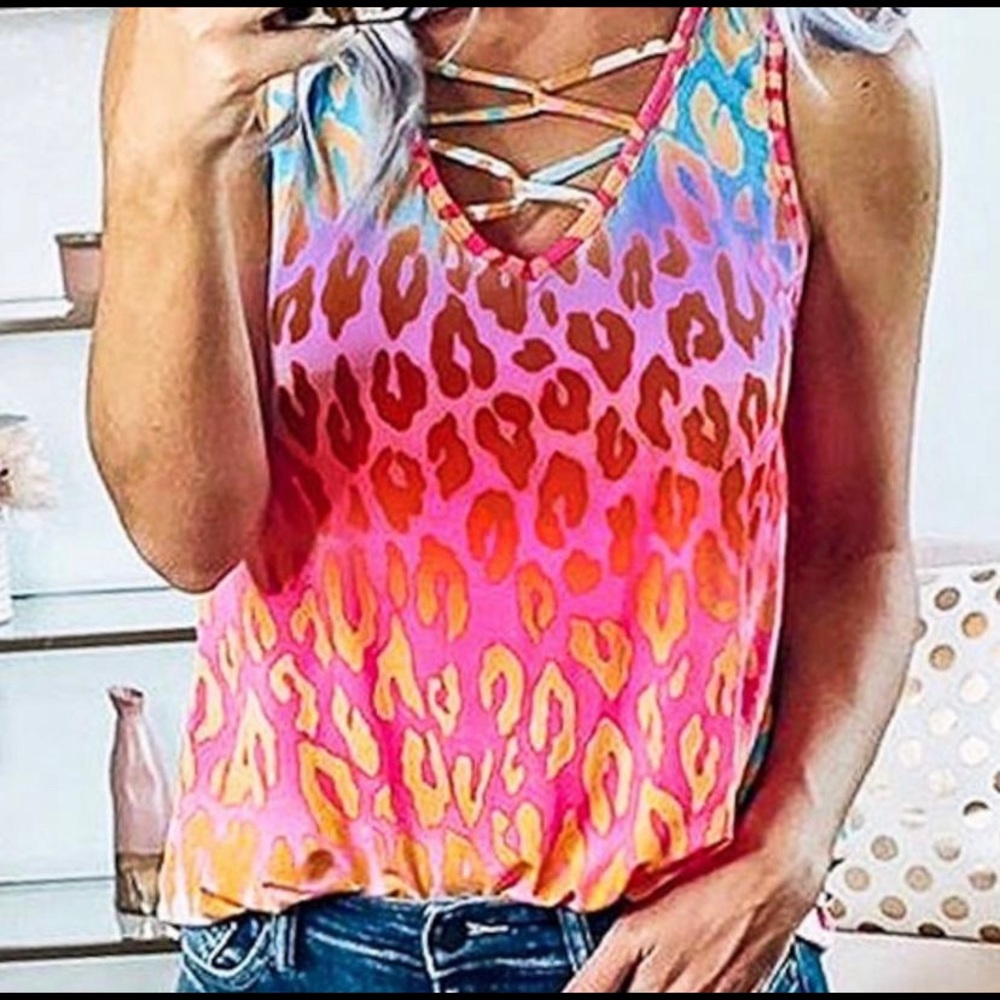 Bright, multicolored animal print tank.